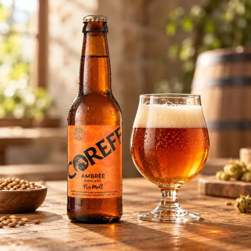 Bouteille de bière Coreff Ambrée Goularz Pur Malt à étiquette orange