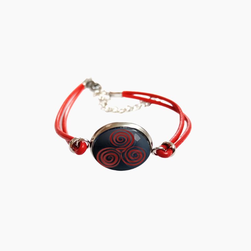 Bracelet Breton "Âme Celte" - Cabochon, verre et cuir rouge