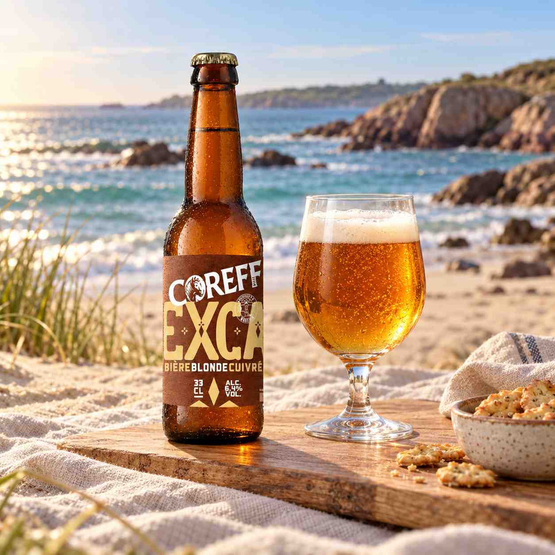 Bouteille de bière Coreff Exca blonde cuivrée 33 cl, étiquette brun cuivré et capsule dorée